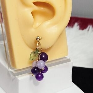 Purple Grape Cluster Dangle Earrings Glass Beads Vintage Fruitcore Gold Studs